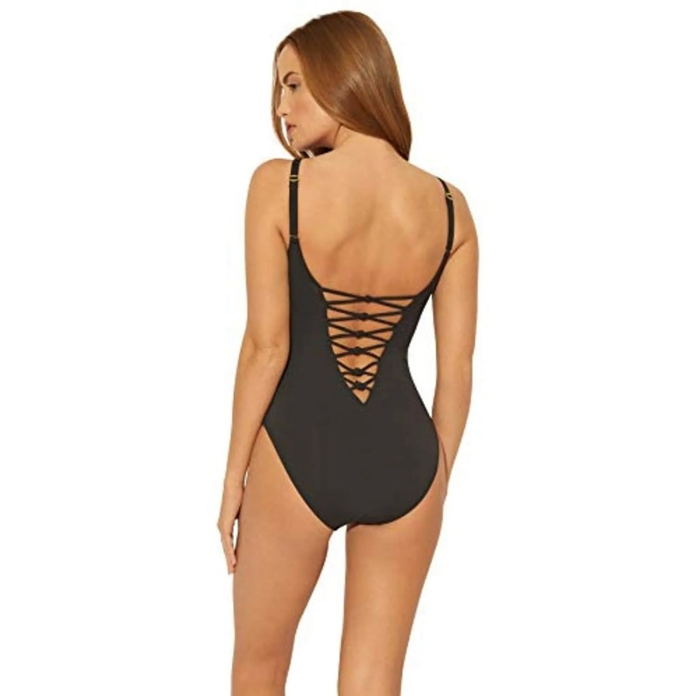 AQUA GREEN Lace Up One Piece Swimsuit in Black - Picture 4 of 13